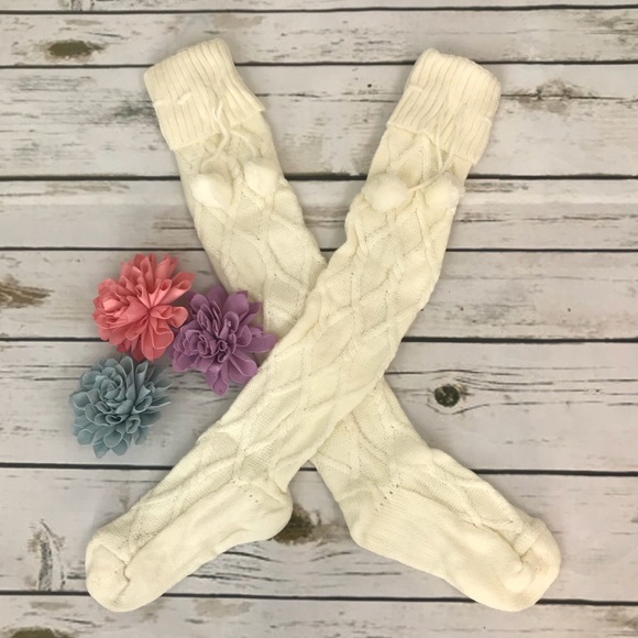 Sexy Over Knee White Cable Knit Socks w/ Pom Poms - Picture 2 of 4